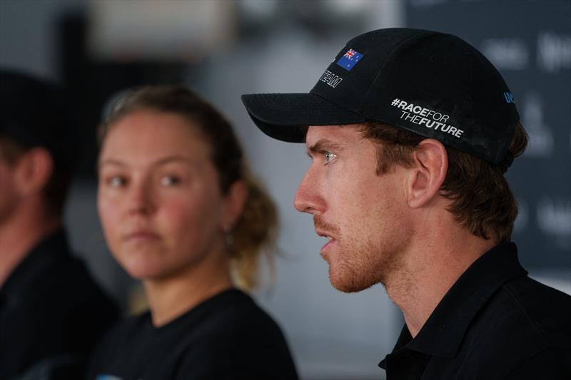 Peter Burling, sits alongside Liv Mackay, strategist of New Zealand SailGP Team, as they speak to the media in a press conference ahead of the Spain Sail Grand Prix in Cadiz, Andalusia, Spain photo copyright Bob Martin/SailGP taken at Real Club Náutico de Cádiz and featuring the F50 class