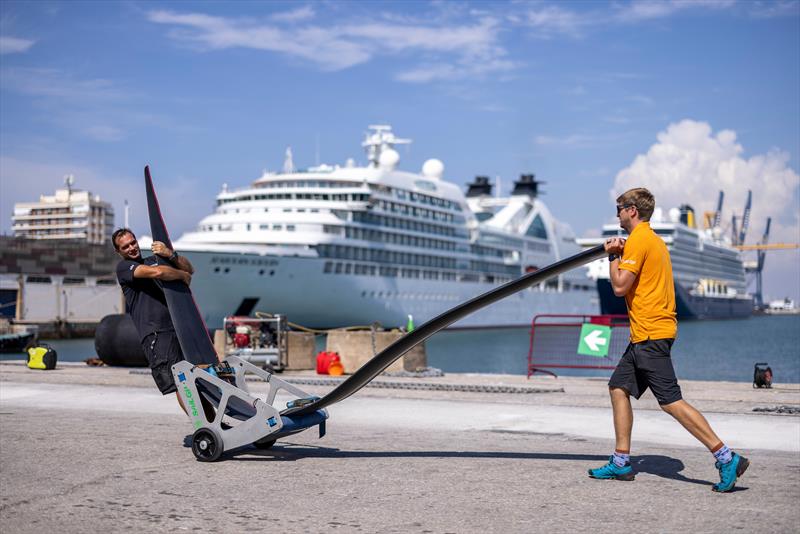 Members of the Great Britain SailGP shore team move their foils across the Technical Base ahead of the Spain Sail Grand Prix in Cadiz, Andalusia, Spain. 21st September  - photo © Ian Walton/SailGP