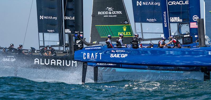 USA SailGP Team helmed by Jimmy Spithill sail past New Zealand SailGP Team helmed by Peter Burling on Race Day 1 of the Spain Sail Grand Prix in Cadiz, Andalusia, Spain photo copyright Bob Martin for SailGP taken at  and featuring the F50 class
