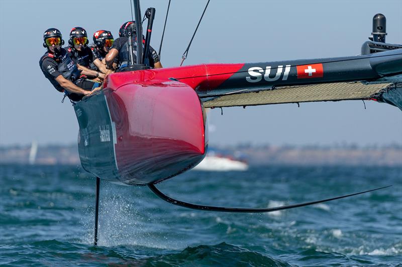 Switzerland SailGP Team helmed by Sebastien Schneiter in action on Race Day 1 of the Spain Sail Grand Prix in Cadiz, Andalusia, Spain photo copyright Ian Walton for SailGP taken at  and featuring the F50 class