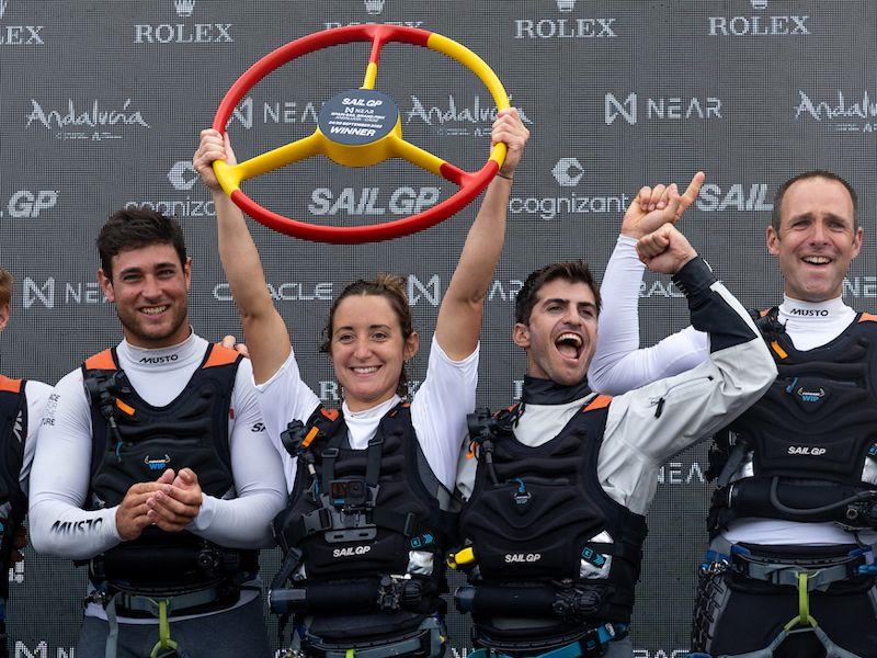 Manon Audinet, strategist of France SailGP Team lifts the trophy with her team mates after winning the Spain Sail Grand Prix in Cadiz - photo © Ian Walton for SailGP