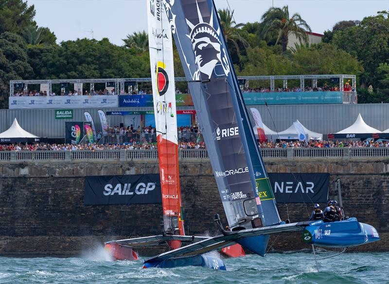 Spain SailGP Team helmed by Jordi Xammar and USA SailGP Team USA helmed by Jimmy Spithill on Race Day 2 of the Spain Sail Grand Prix in Cadiz, Andalusia, Spain photo copyright Bob Martin for SailGP taken at  and featuring the F50 class