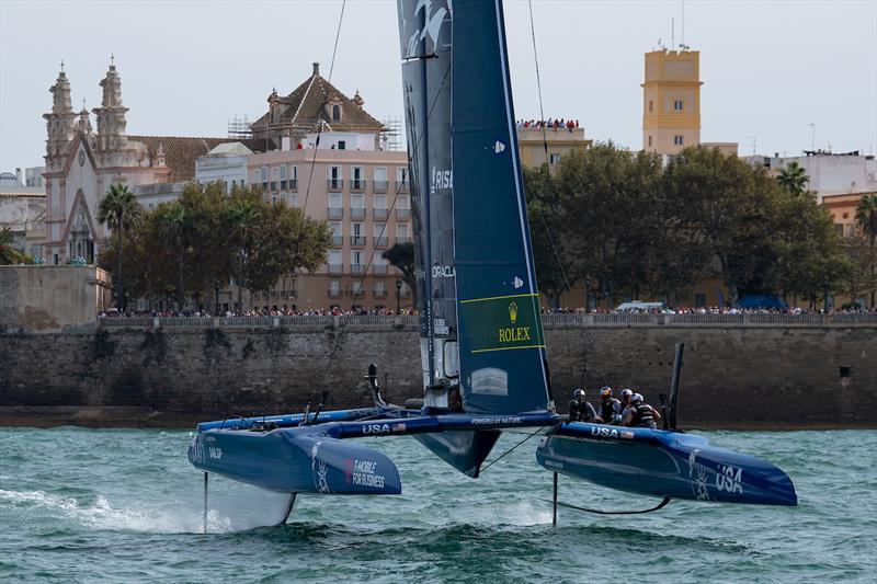 USA SailGP Team USA helmed by Jimmy Spithill sail past Cadiz Cathedral at the Race Village on Race Day 2 of the Spain Sail Grand Prix in Cadiz, Andalusia, Spain photo copyright Ricardo Pinto for SailGP taken at  and featuring the F50 class