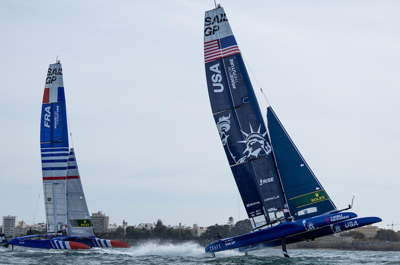 France SailGP Team and USA SailGP Team in action on Race Day 2 of the Spain Sail Grand Prix in Cadiz, Andalusia, Spain photo copyright Ian Walton for SailGP taken at  and featuring the F50 class