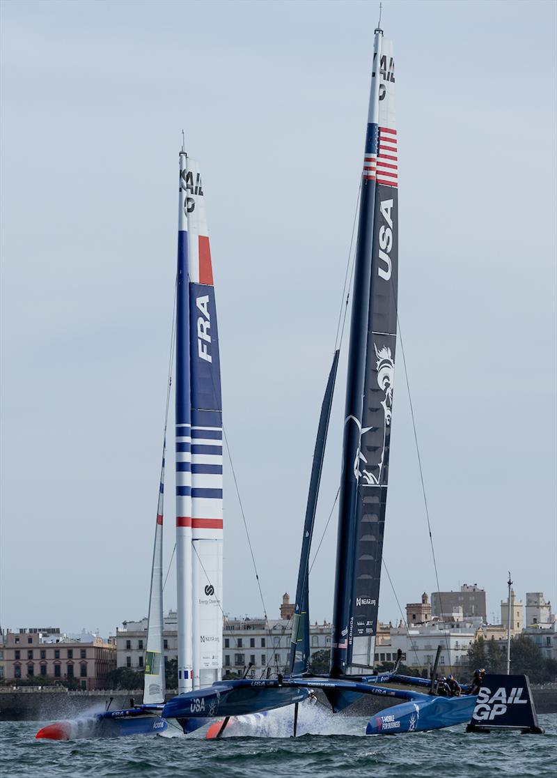 France SailGP Team and USA SailGP Team in action on Race Day 2 of the Spain Sail Grand Prix in Cadiz, Andalusia, Spain photo copyright Ian Walton for SailGP taken at  and featuring the F50 class