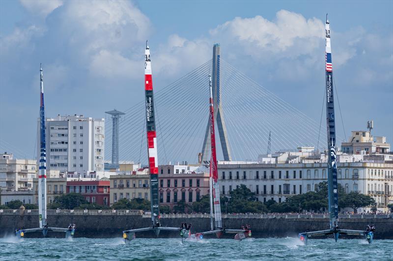 France SailGP Team FRA, Switzerland SailGP Team helmed by Sebastien Schneiter, Denmark SailGP Team presented by ROCKWOOL, and USA SailGP Team USA on Race Day 2 of the Spain Sail Grand Prix in Cadiz, Andalusia, Spain photo copyright Bob Martin for SailGP taken at  and featuring the F50 class
