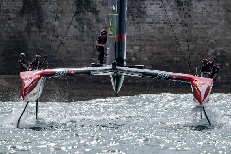 Switzerland SailGP Team helmed by Sebastien Schneiter in action on Race Day 2 of the Spain Sail Grand Prix in Cadiz, Andalusia, Spain photo copyright Ricardo Pinto for SailGP taken at  and featuring the F50 class