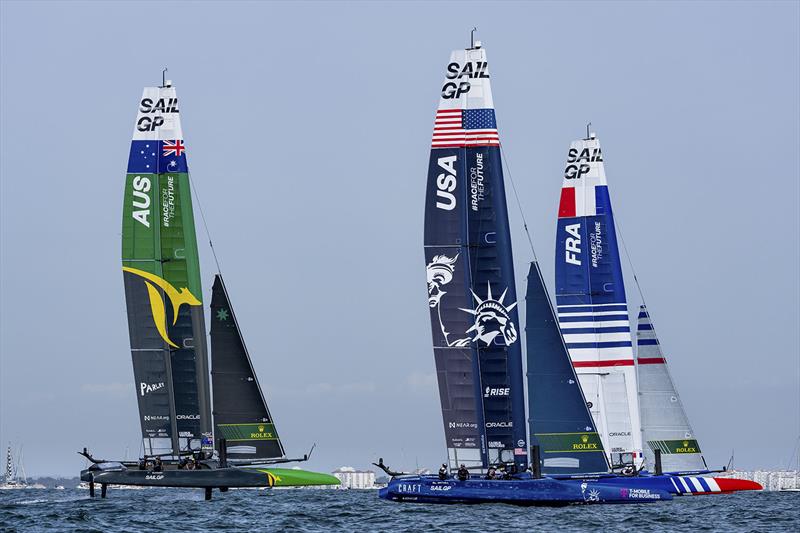 Australia SailGP Team helmed by Tom Slingsby, USA SailGP Team USA helmed by Jimmy Spithill, and France SailGP Team FRA helmed by Quentin Delapierre on Race Day 2 of the Spain Sail Grand Prix in Cadiz, Andalusia, Spain. 25th September - photo © Bob Martin for SailGP