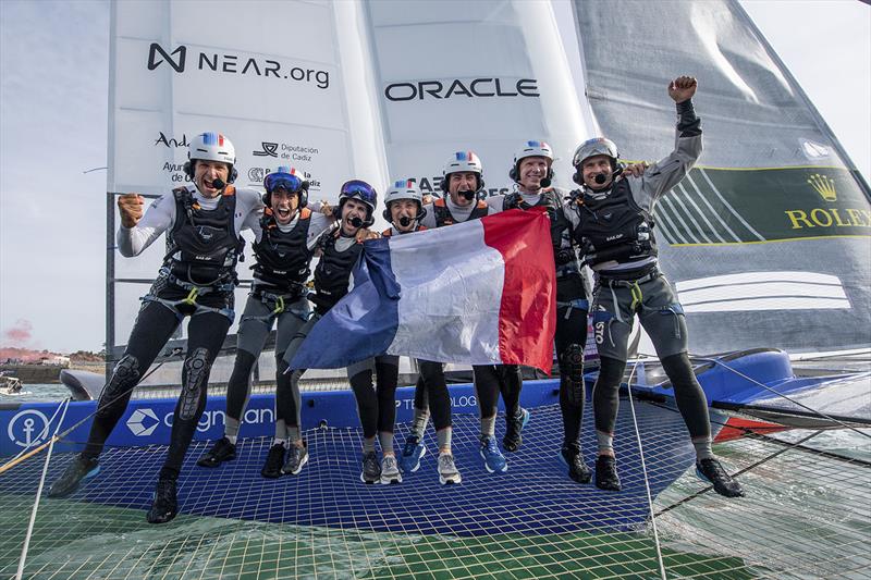 France SailGP Team celebrates onboard after winning on Race Day 2 of the Spain Sail Grand Prix in Cadiz, Andalusia, Spain. 25th September photo copyright Ricardo Pinto for SailGP taken at  and featuring the F50 class