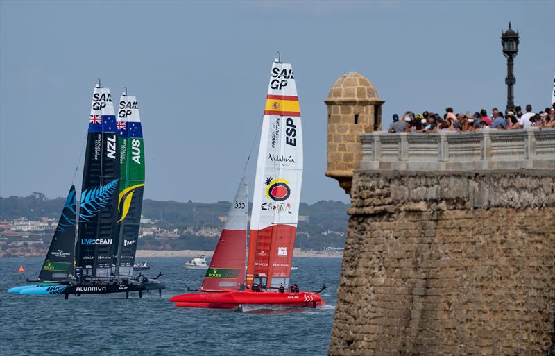 Spectators watch New Zealand SailGP Team and SailGP Team AUS and Spain SailGP Team  in action on Race Day 2 of the Spain Sail Grand Prix in Cadiz, Andalusia, Spain. 25 Sept 2022 photo copyright Ben Queenborough/SailGP taken at Real Club Náutico de Cádiz and featuring the F50 class