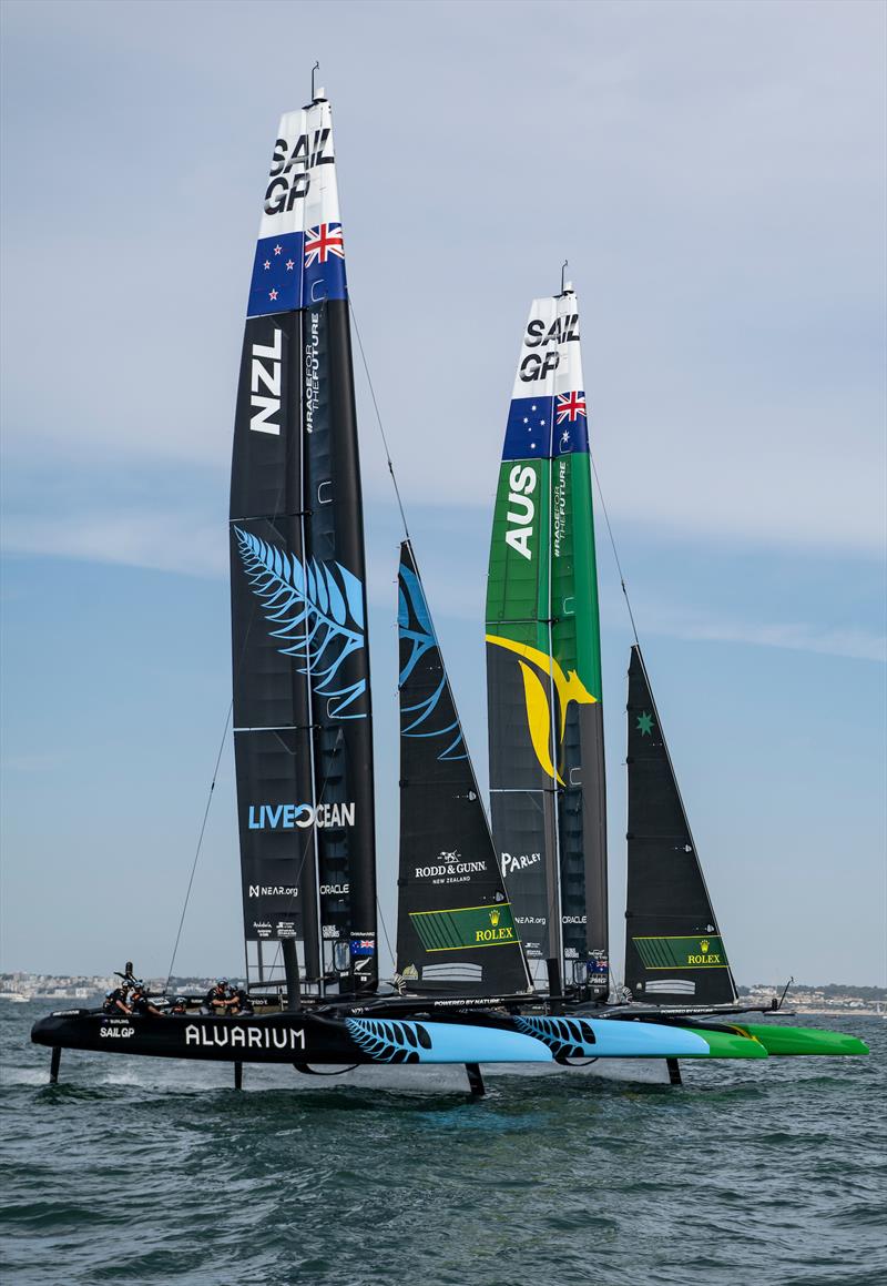 New Zealand SailGP Team and Australia SailGP Team AUS action on Race Day 2 of the Spain Sail Grand Prix in Cadiz, Andalusia, Spain. 25th Sept photo copyright Ricardo Pinto/SailGP taken at Real Club Náutico de Cádiz and featuring the F50 class