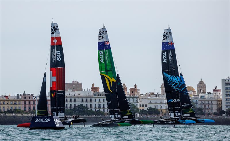 Switzerland SailGP Team, Australia SailGP Team and New Zealand SailGP Team in action on Race Day 2 of the Spain Sail Grand Prix in Cadiz, Andalusia, Spain. 25th Sept 2024 photo copyright Ian Walton/SailGP taken at Real Club Náutico de Cádiz and featuring the F50 class