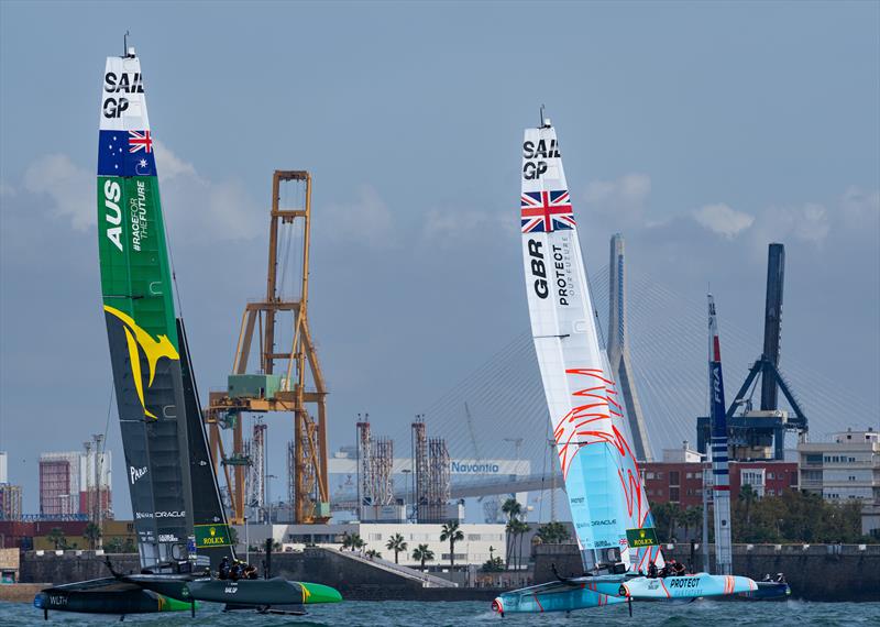 Australia SailGP Team and Great Britain SailGP Team on Race Day 2 of the Spain Sail Grand Prix in Cadiz, Andalusia, Spain. 25 Sept 2022 photo copyright Bob Martin/SailGP taken at Real Club Náutico de Cádiz and featuring the F50 class