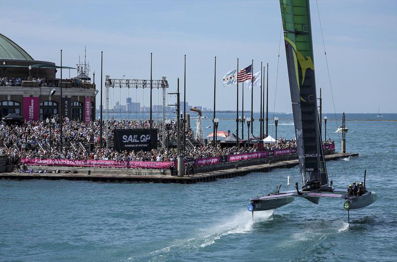 Australia SailGP Team helmed by Tom Slingsby celebrate winning by sailing by spectators on Navy Pier on Race Day 2 of the T-Mobile United States Sail Grand Prix | Chicago at Navy Pier, Lake Michigan, Season 3, in Chicago, Illinois, USA. 19th June photo copyright Simon Bruty for SailGP taken at  and featuring the F50 class