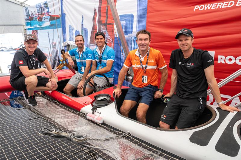 Tennis legends Pat Cash, Tommy Haas and Radek Stepanek speak with Nathan Outteridge, co-driver and sailing advisor of Switzerland SailGP Team, and Nicolai Sehested, driver of Denmark SailGP Team Practice - November 11, 2022 - SailGP Dubai  photo copyright Bob Martin/SailGP taken at Dubai Offshore Sailing Club and featuring the F50 class