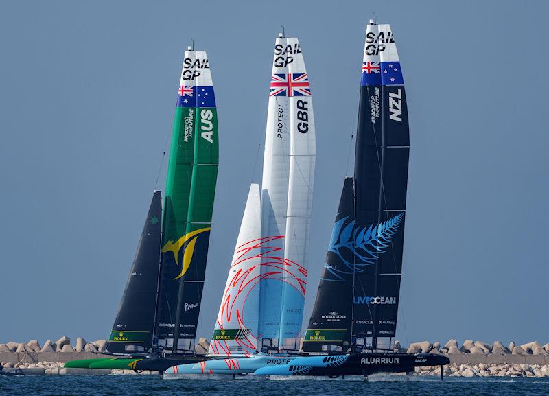 Australia SailGP Team, Great Britain SailGP Team and New Zealand SailGP Team competing on Race Day 1 of the Dubai Sail Grand Prix presented by P&O Marinas in Dubai, United Arab Emirates - photo © Bob Martin for SailGP