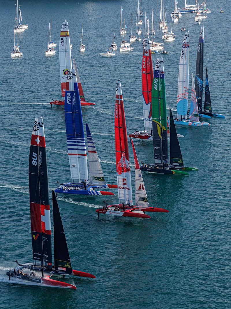 The fleet in action on Race Day 1 of the Dubai Sail Grand Prix presented by P&O Marinas in Dubai, United Arab Emirates photo copyright David Gray for SailGP taken at  and featuring the F50 class