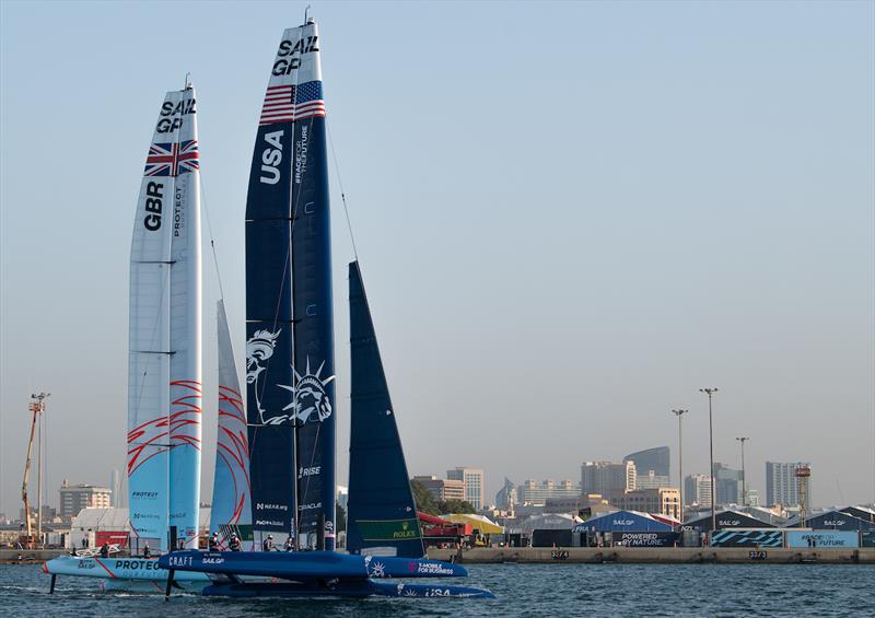 USA SailGP Team helmed by Jimmy Spithill and Great Britain SailGP Team helmed by Ben Ainslie sail closely together during the final race on on Race Day 1 of the Dubai Sail Grand Prix presented by P&O Marinas in Dubai, United Arab Emirates - photo © Ricardo Pinto for SailGP