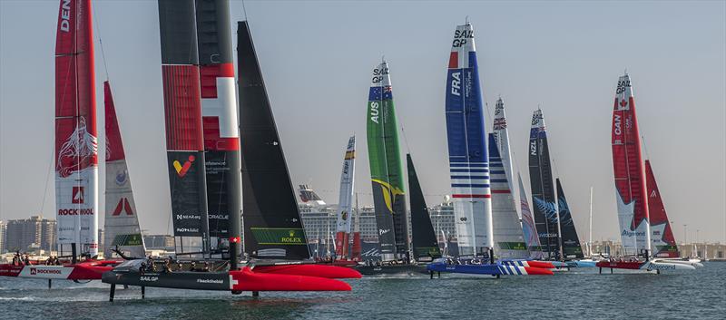 The fleet in action on Race Day 1 of the Dubai Sail Grand Prix presented by P&O Marinas in Dubai, United Arab Emirates. 12th November photo copyright Ricardo Pinto for SailGP taken at Dubai Offshore Sailing Club and featuring the F50 class