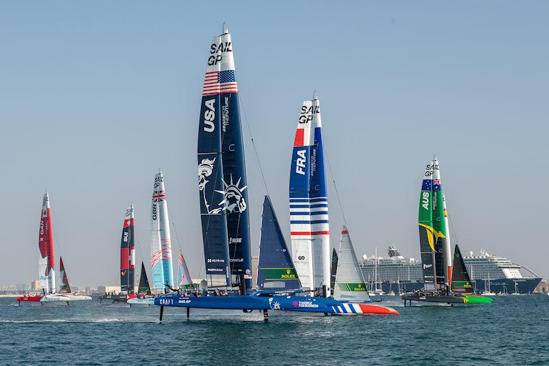 The fleet in action on Race Day 2 of the Dubai Sail Grand Prix presented by P&O Marinas in Dubai, United Arab Emirates - photo © Ricardo Pinto for SailGP