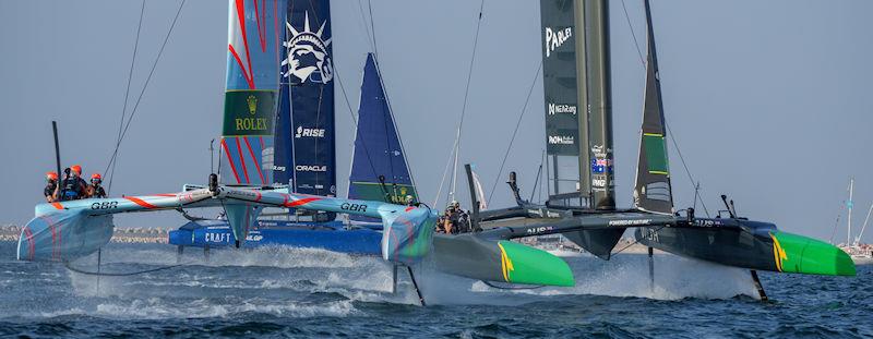 Great Britain SailGP Team helmed by Ben Ainslie, USA SailGP Team helmed by Jimmy Spithill and Australia SailGP Team helmed by Tom Slingsby competing on Race Day 2 of the Dubai Sail Grand Prix presented by P&O Marinas in Dubai, United Arab Emirates photo copyright Bob Martin for SailGP taken at  and featuring the F50 class