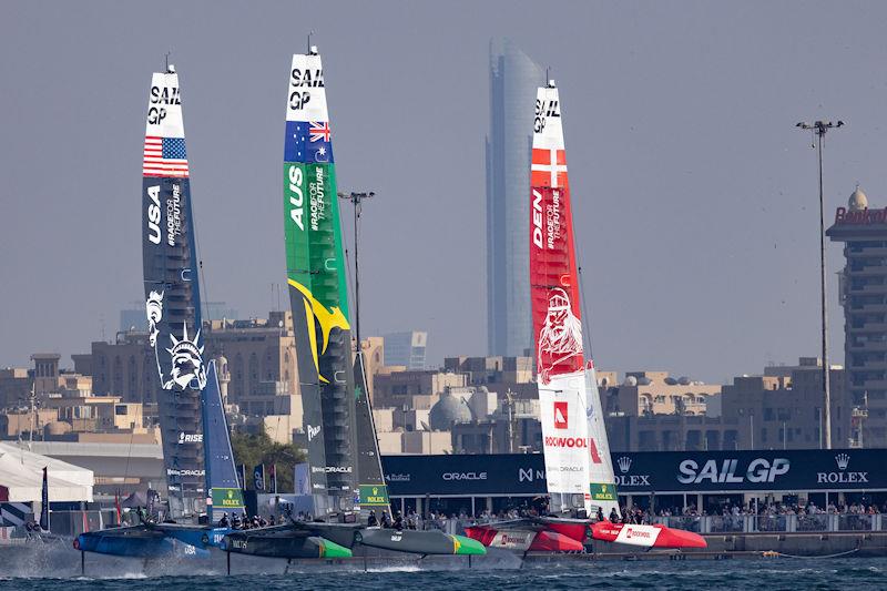 USA SailGP Team helmed by Jimmy Spithill, Australia SailGP Team helmed by Tom Slingsby and Denmark SailGP Team presented by ROCKWOOL helmed by Nicolai Sehested in action on Race Day 2 of the Dubai Sail Grand Prix presented by P&O Marinas photo copyright Felix Diemer for SailGP taken at  and featuring the F50 class