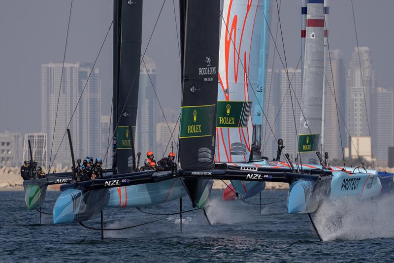 New Zealand SailGP Team leads Great Britain SailGP Team and Australia SailGP Team during a practice session ahead of the Dubai Sail Grand Prix , November 2022 photo copyright Felix Diemer/SailGP taken at Dubai Offshore Sailing Club and featuring the F50 class