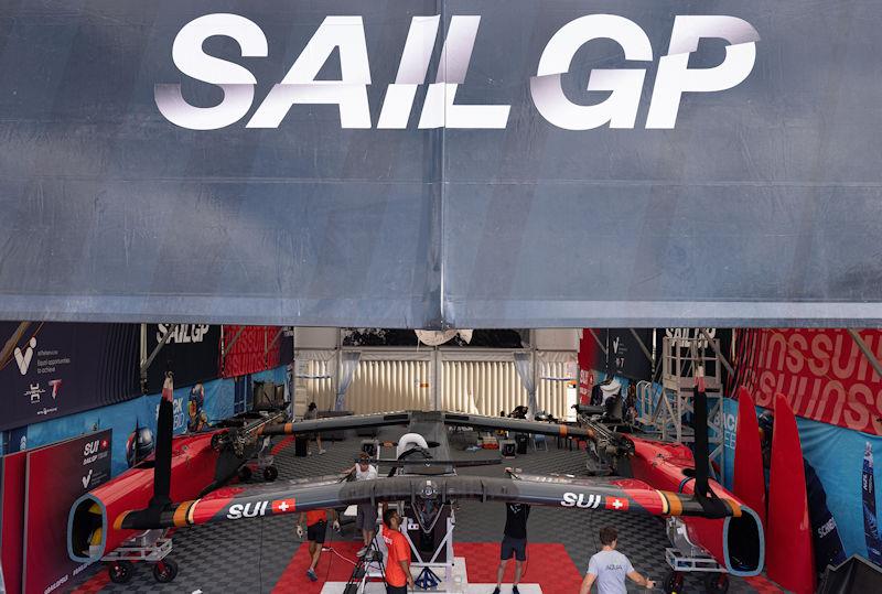 Members of the SailGP Technical Team work on the Switzerland SailGP Team F50 catamaran ahead of the Singapore Sail Grand Prix presented by the Singapore Tourism Board photo copyright Felix Diemer for SailGP taken at  and featuring the F50 class