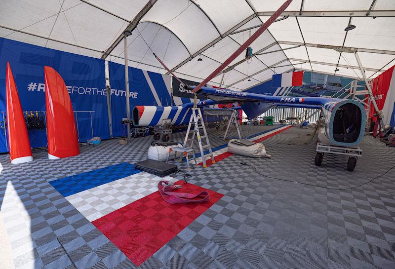 The France SailGP Team F50 catamaran is prepared at the team hangar ahead of the Singapore Sail Grand Prix presented by the Singapore Tourism Board photo copyright Felix Diemer for SailGP taken at  and featuring the F50 class