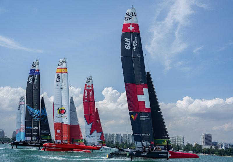 The F50 catamaran fleet does a practice start during a practice session ahead of the Singapore Sail Grand Prix presented by the Singapore Tourism Board photo copyright Bob Martin for SailGP taken at  and featuring the F50 class