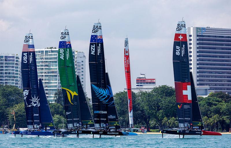 USA SailGP Team, Australia SailGP Team, New Zealand SailGP Team, Canada SailGP Team and Switzerland SailGP Team take part in a practice session ahead of the Singapore Sail Grand Prix presented by the Singapore Tourism Board photo copyright Felix Diemer for SailGP taken at  and featuring the F50 class
