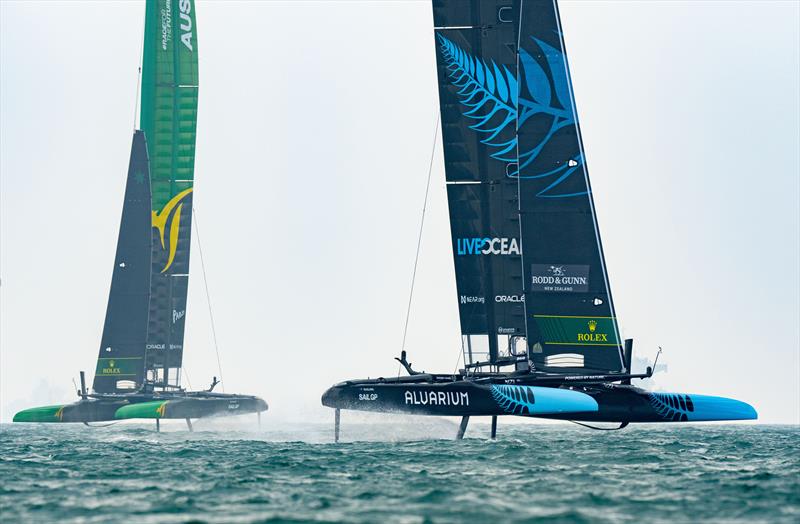New Zealand SailGP Team  and Australia SailGP Team  in action on Race Day 2 of the Singapore Sail Grand Prix  photo copyright Eloi Stichelbaut/SailGP. taken at Singapore Yacht Club and featuring the F50 class