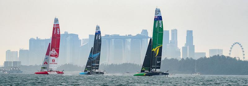 Denmark SailGP Team presented by ROCKWOOL, New Zealand SailGP Team and Australia SailGP Team in action with the city skyline in the background on Race Day 2 of the Singapore Sail Grand Prix - photo © Eloi Stichelbaut for SailGP