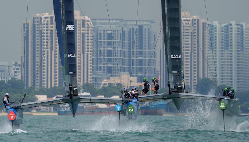 USA SailGP Team helmed by Jimmy Spithill and Australia SailGP Team helmed by Tom Slingsby race towards the city on Race Day 2 of the Singapore Sail Grand Prix presented by the Singapore Tourism Board - photo © Bob Martin for SailGP