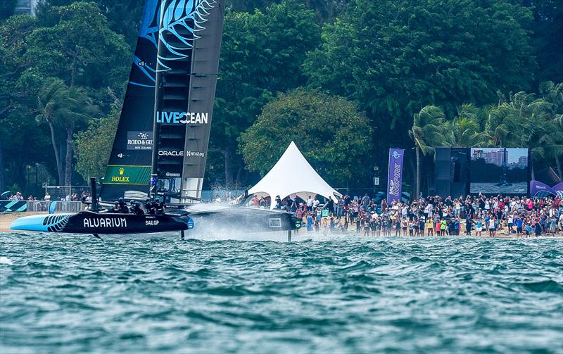 New Zealand SailGP Team race past the SailGP Beach Club and Fan Village on Race Day 2 of the Singapore Sail Grand Prix photo copyright Eloi Stichelbaut/SailGP taken at Republic of Singapore Yacht Club and featuring the F50 class