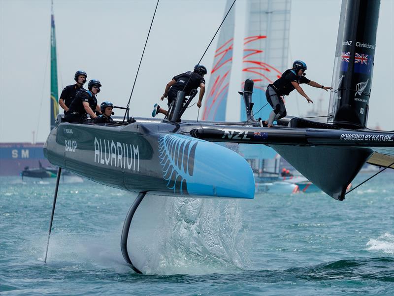 New Zealand SailGP F50 has sustained damage to onboard electronic and hydraulic systems after a lightning strike in the SailGP Singapore Regatta photo copyright Ian Walton/SailGP taken at Royal New Zealand Yacht Squadron and featuring the F50 class