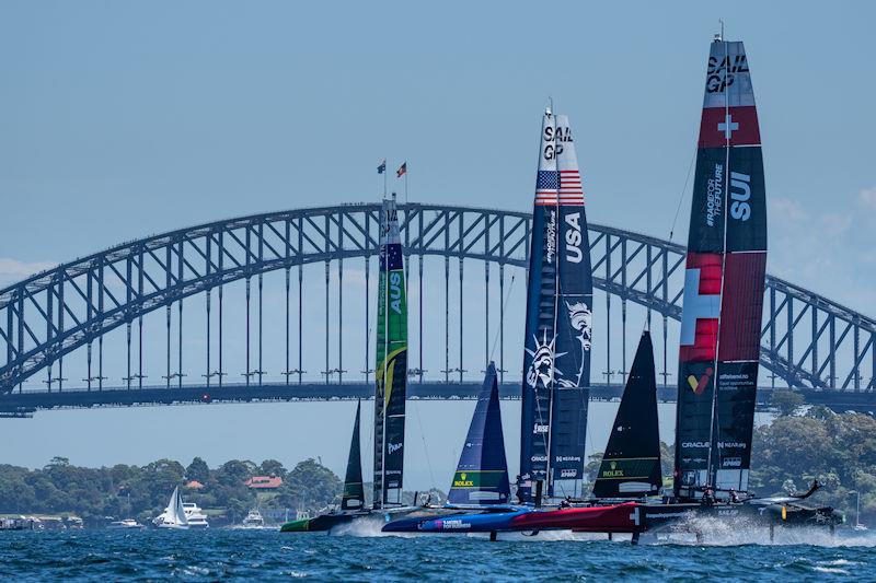 Switzerland SailGP Team helmed by Sebastien Schneiter, USA SailGP Team helmed by Jimmy Spithill and Australia SailGP Team helmed by Tom Slingsby practice a start during a practice session ahead of the KPMG Australia Sail Grand Prix - photo © Bob Martin for SailGP