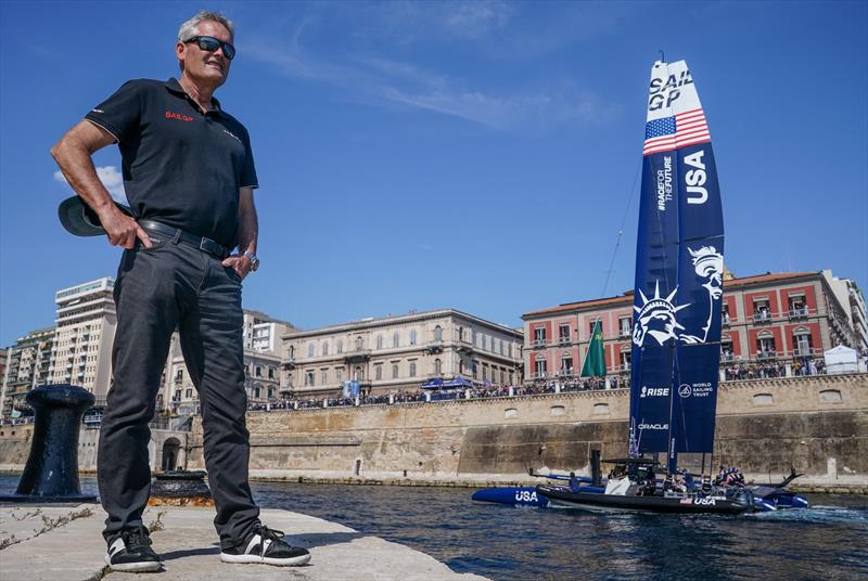 Russell Coutts, SailGP CEO, watching as the USA SailGP leaves dock in Taranto in Season 2 photo copyright Bob Martin for SailGP taken at  and featuring the F50 class