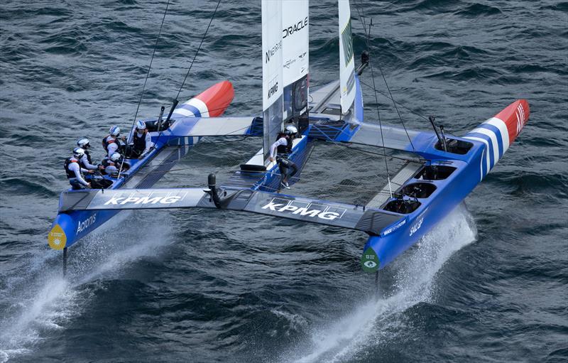 France SailGP Team in action as Amelie Riou, strategist of France SailGP Team, crosses the boat on Race Day 1 of the KPMG Australia Sail Grand Prix in Sydney photo copyright Simon Bruty for SailGP taken at Royal Sydney Yacht Squadron and featuring the F50 class