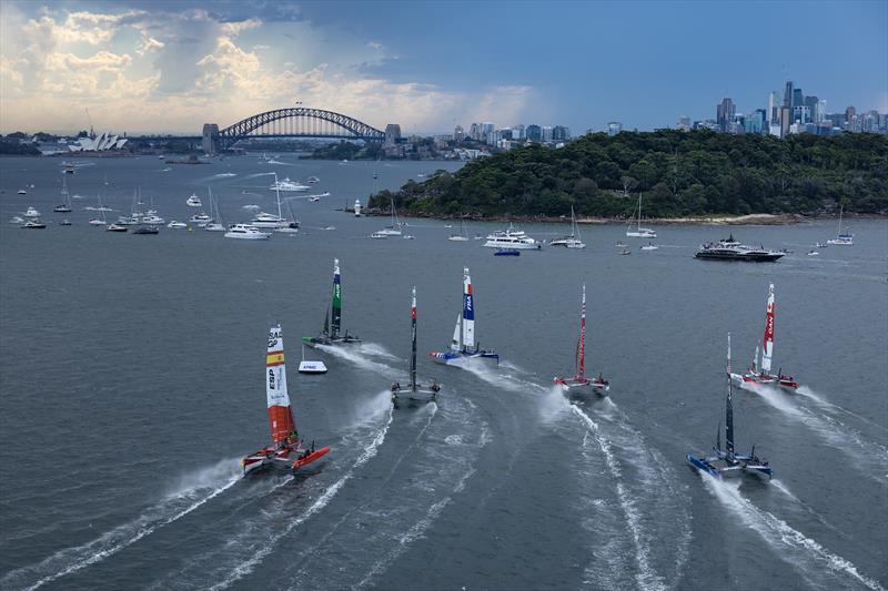 The fleet in action as they race towards the Sydney Harbour Bridge and spectator boats on Race Day 1 of the KPMG Australia Sail Grand Prix in Sydney,  - photo © Simon Bruty for SailGP