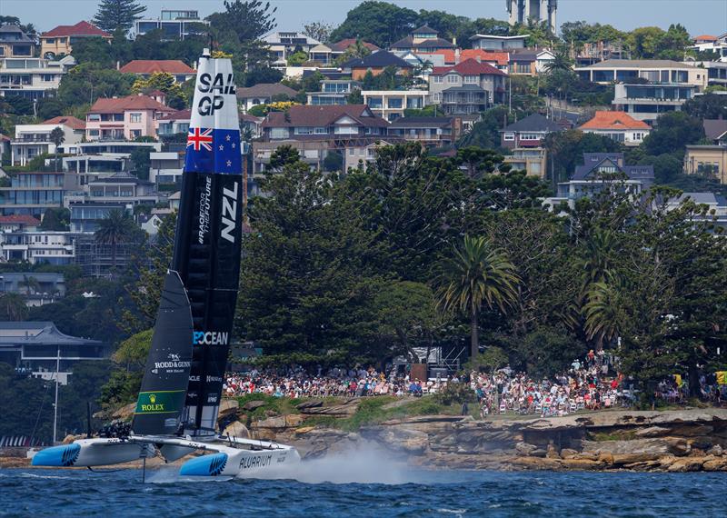 New Zealand SailGP Team in action as they sail past Genesis Island on Race Day 1 of the KPMG Australia Sail Grand Prix photo copyright David Gray for SailGP taken at Royal Sydney Yacht Squadron and featuring the F50 class