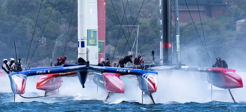 Denmark SailGP Team , France SailGP Team and Switzerland SailGP Team on Race Day 1 of the KPMG Australia Sail Grand Prix photo copyright David Gray for SailGP taken at Royal Sydney Yacht Squadron and featuring the F50 class