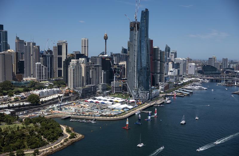 Aerial view of the technical area with F50 catamarans in the water on Race Day 1 of the KPMG Australia Sail Grand Prix photo copyright Simon Bruty for SailGP taken at Royal Sydney Yacht Squadron and featuring the F50 class