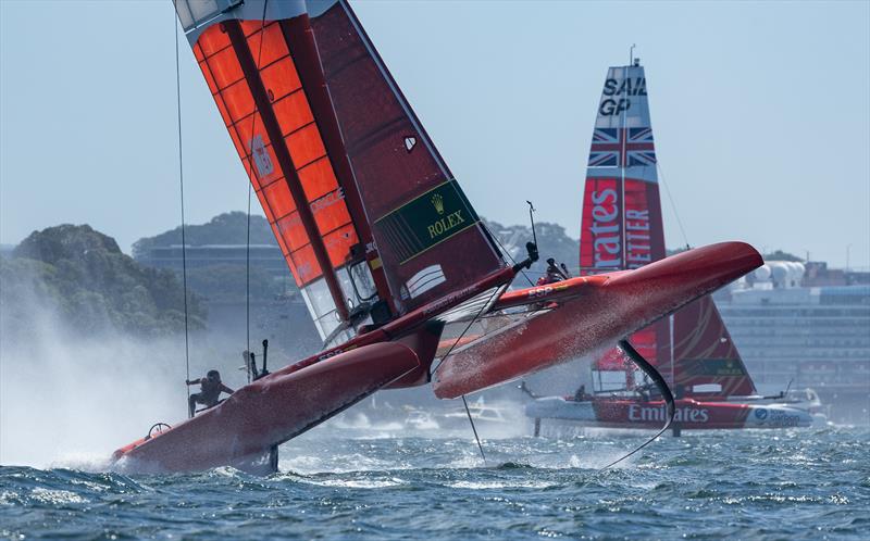 Spain SailGP Team helmed by Diego Botin on Race Day 1 of the KPMG Australia Sail Grand Prix in Sydney, photo copyright Chloe Knott for SailGP taken at Royal Sydney Yacht Squadron and featuring the F50 class