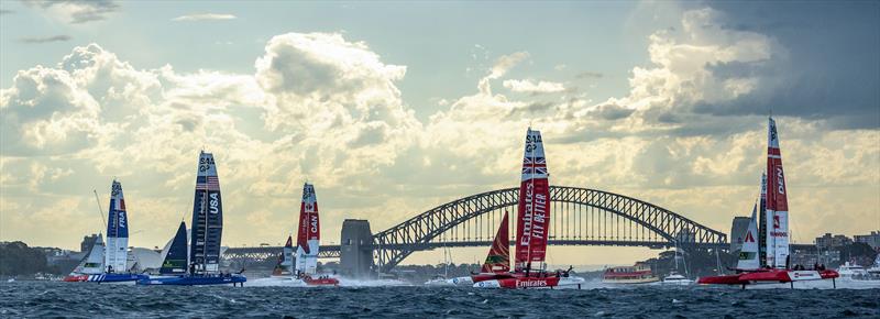 The fleet races with the Sydney Opera House and the Sydney Harbour Bridge in the background on Race Day 1 of the KPMG Australia Sail Grand Prix photo copyright Chloe Knott for SailGP taken at Royal Sydney Yacht Squadron and featuring the F50 class
