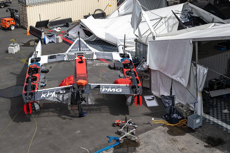 View of the aftermath of the storm at the technical area following racing on Race Day 1 of the KPMG Australia Sail Grand Prix in Sydney, Australia - photo © Ricardo Pinto for SailGP
