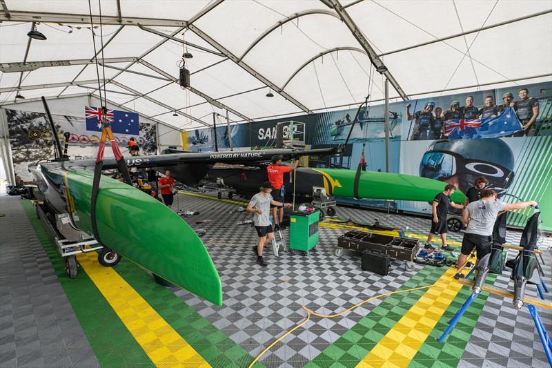 View of the Australia SailGP Team F50 catamaran inside the team hangar following the storm after racing on Race Day 1 of the KPMG Australia Sail Grand Prix in Sydney photo copyright Ricardo Pinto/SailGP taken at Royal Sydney Yacht Squadron and featuring the F50 class