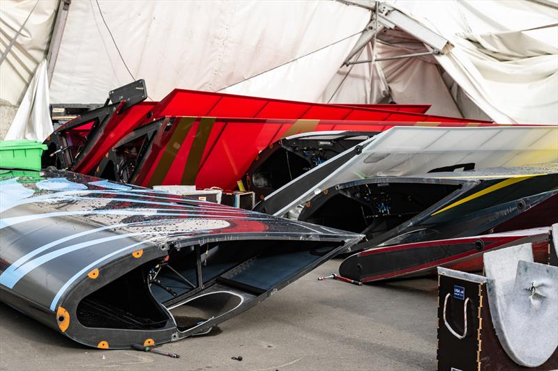 View of the aftermath of the storm at the technical area following racing on Race Day 1 of the KPMG Australia Sail Grand Prix photo copyright Ricardo Pinto/SailGP taken at Royal Sydney Yacht Squadron and featuring the F50 class