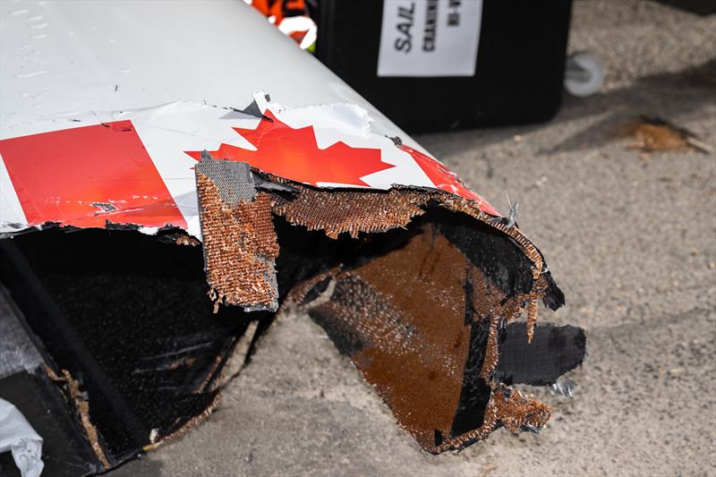 Detail of the damage to the Canada SailGP Team F50 catamaran following the storm after racing on Race Day 1 of the KPMG Australia Sail Grand Prix photo copyright Ricardo Pinto/SailGP taken at Royal Sydney Yacht Squadron and featuring the F50 class