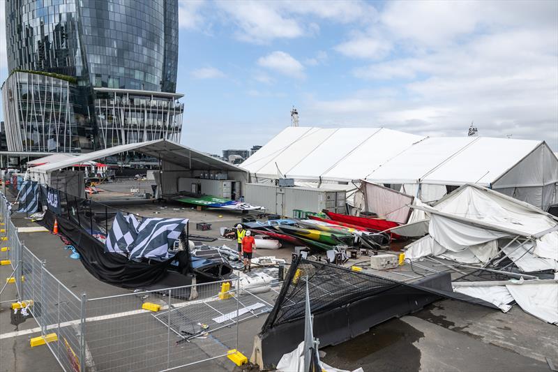 View of the aftermath of the storm at the technical area following racing on Race Day 1 of the KPMG Australia Sail Grand Prix photo copyright Ricardo Pinto/SailGP taken at Royal Sydney Yacht Squadron and featuring the F50 class